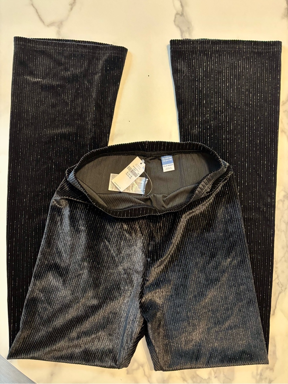 Girls Black Velvet Ribbed Flare Leggings with Subtle Shine
